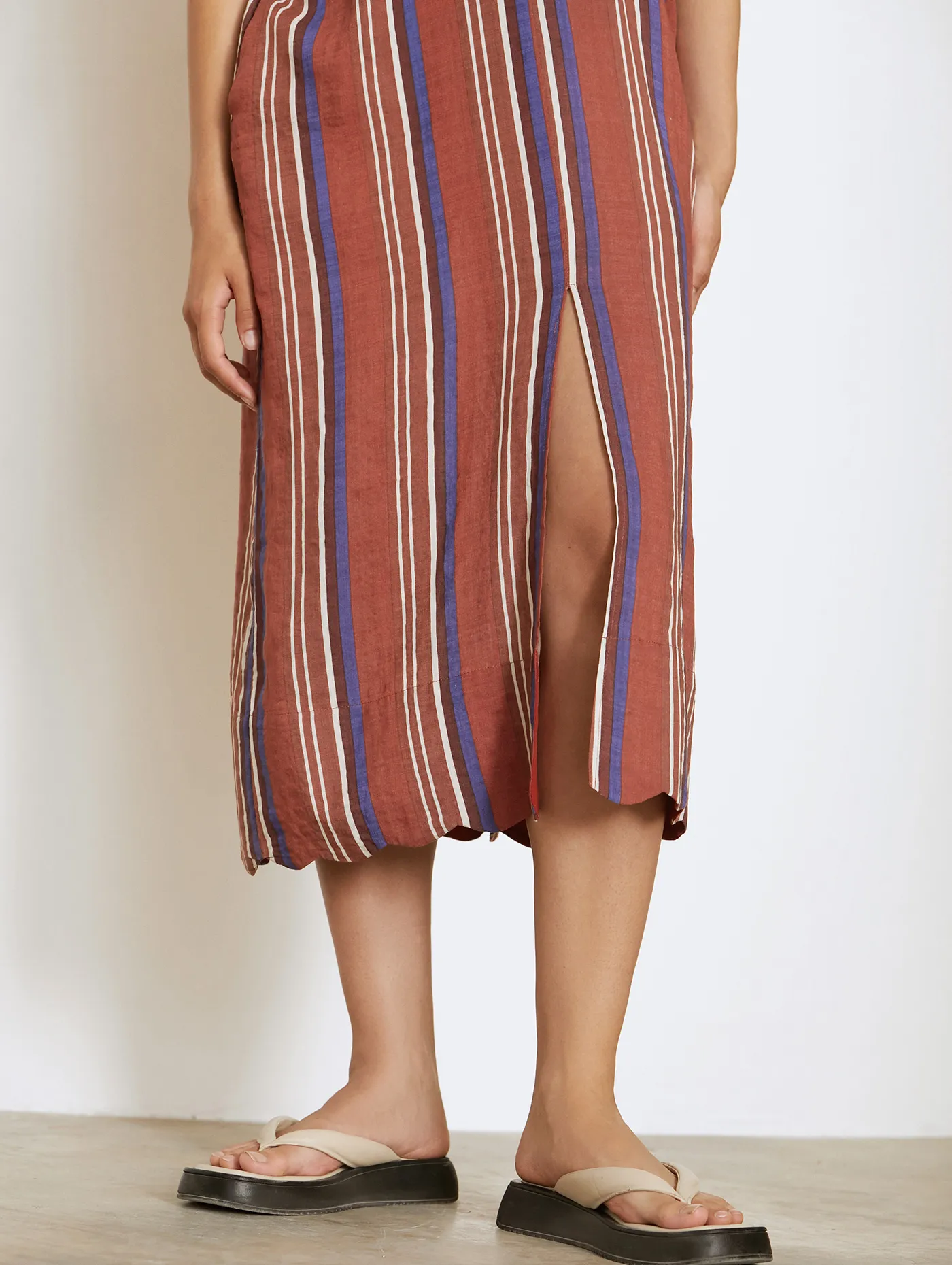 Skatïe – Striped Print Midi Dress in Tile Red