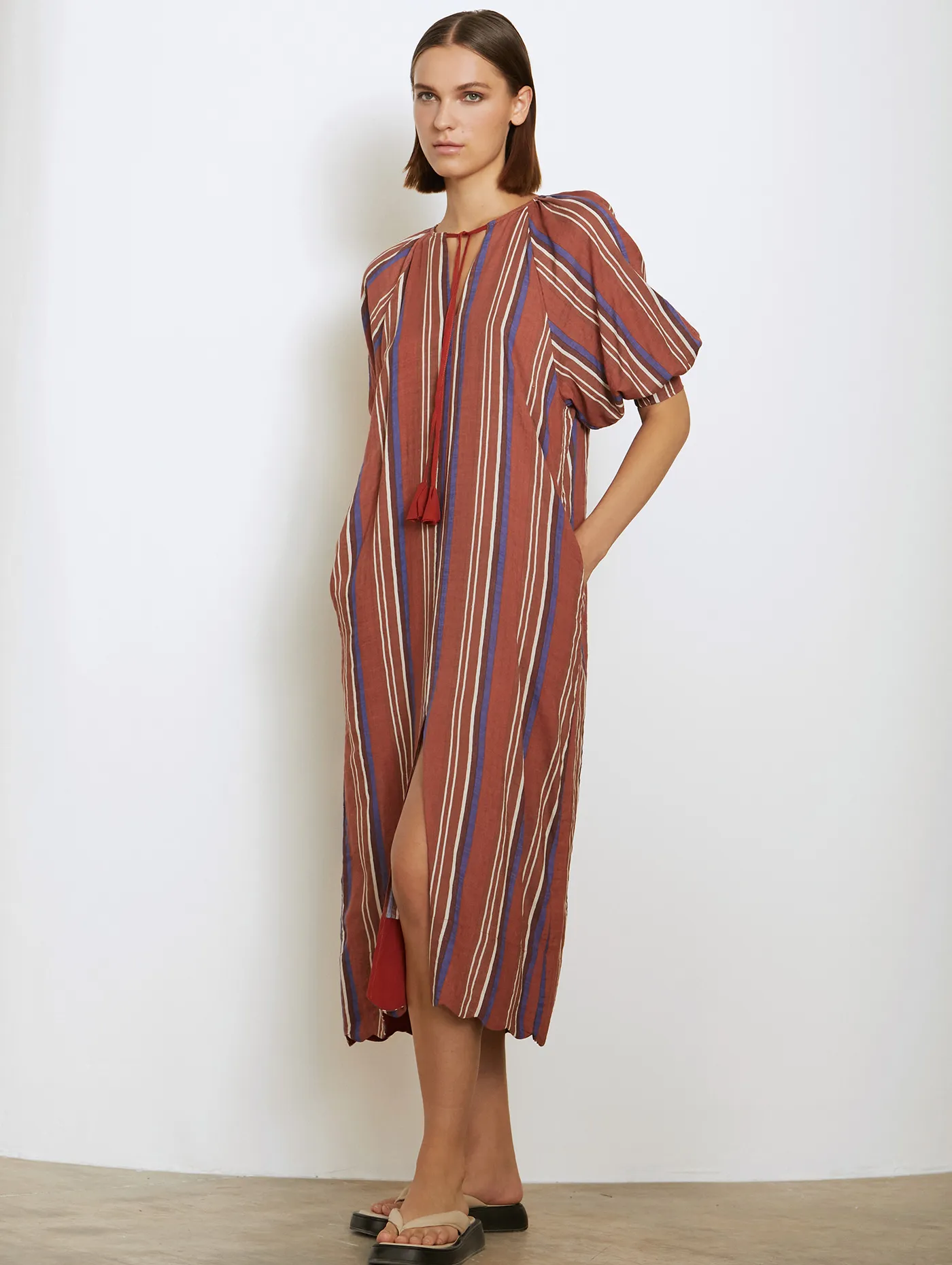 Skatïe – Striped Print Midi Dress in Tile Red