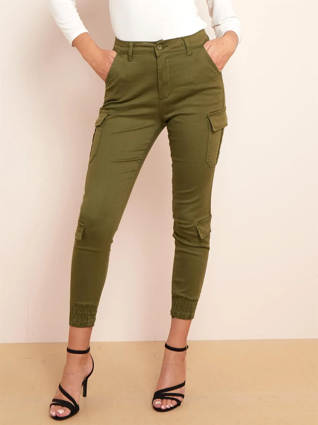 Skinny High Waist Cargo Pants, Black, Khaki, Stone, UK Sizes 4 to 14