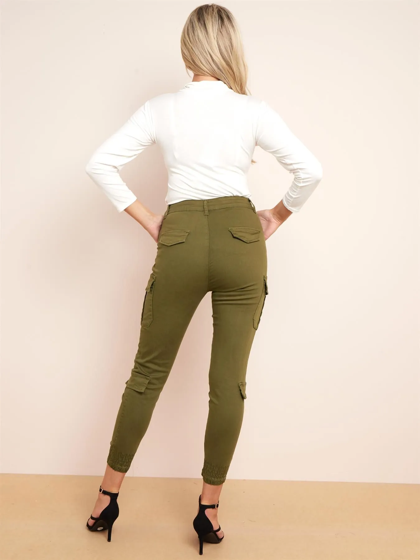 Skinny High Waist Cargo Pants, Black, Khaki, Stone, UK Sizes 4 to 14