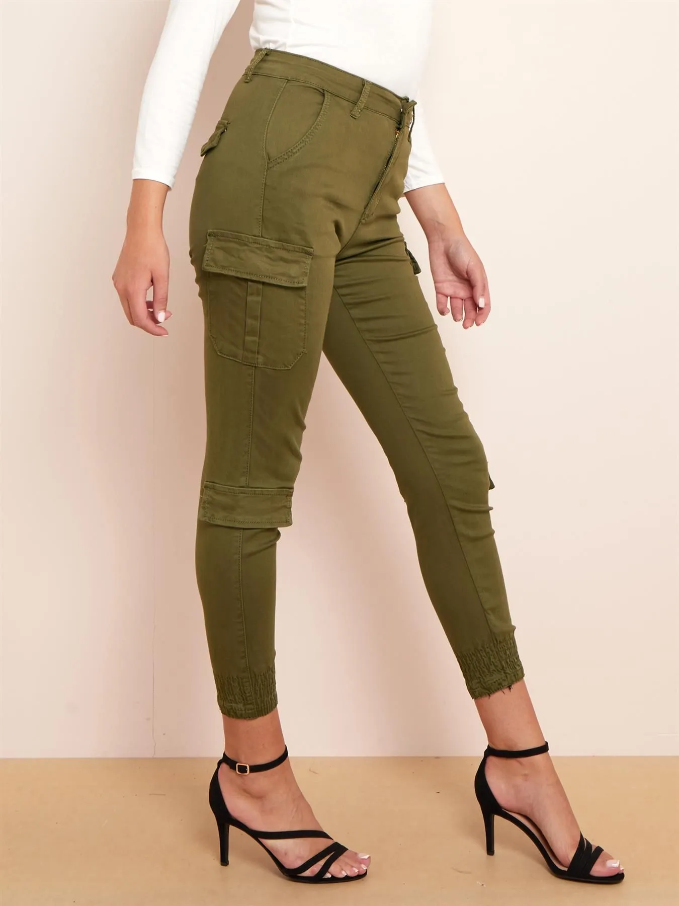 Skinny High Waist Cargo Pants, Black, Khaki, Stone, UK Sizes 4 to 14