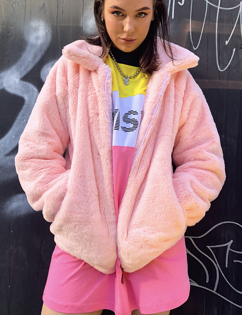 SMILEY FAUX FUR COAT - PINK  MADE 4 U 