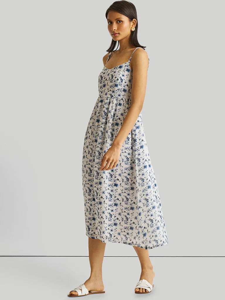 Strappy Gathered Blue Floral Dress