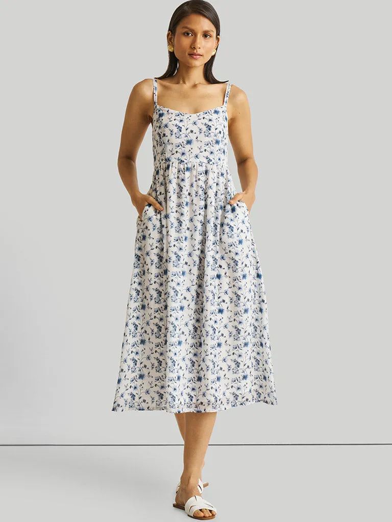 Strappy Gathered Blue Floral Dress