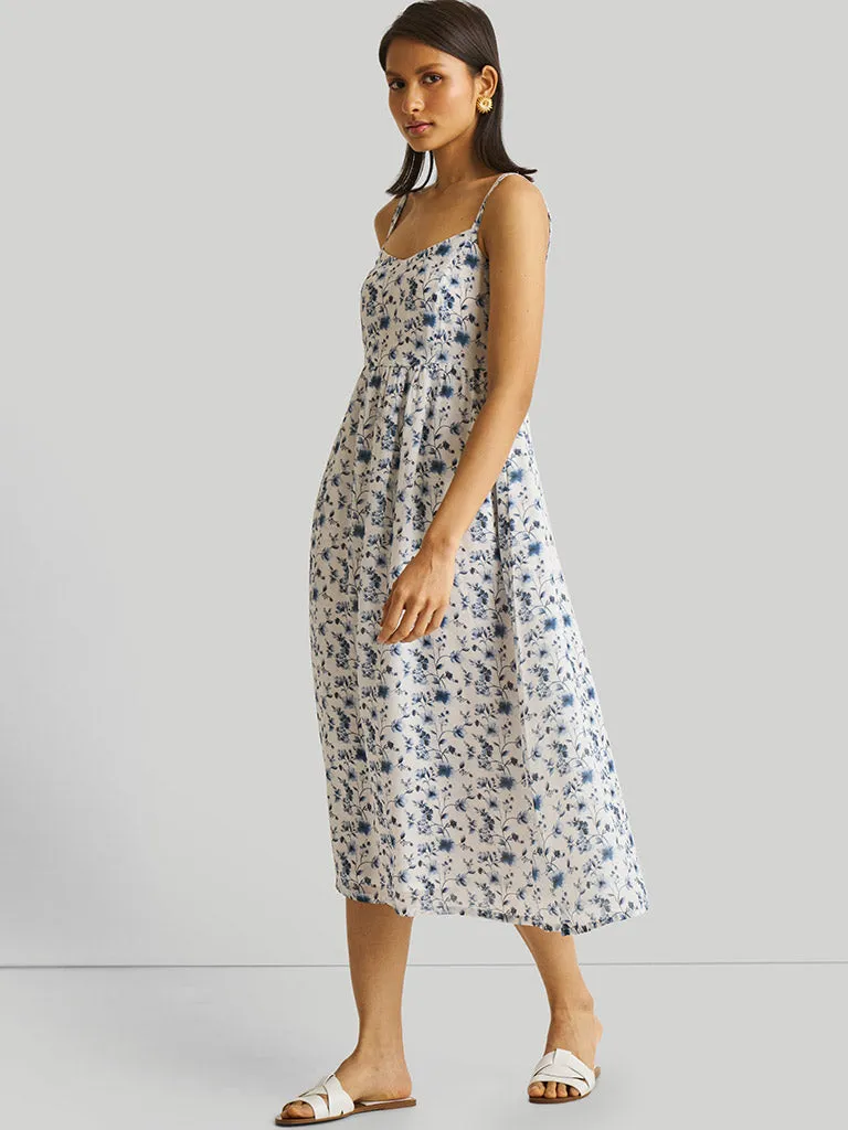 Strappy Gathered Blue Floral Dress