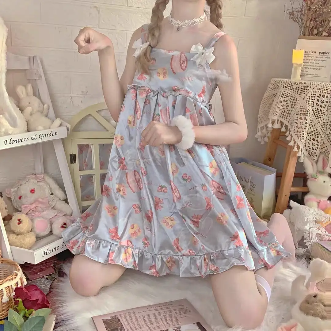 Strawberry blue cake blue satin summer spring pyjamas dress