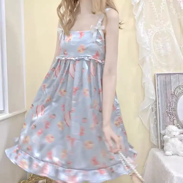 Strawberry blue cake blue satin summer spring pyjamas dress