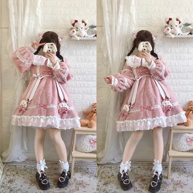 Super warm soft fleece soft milk kitty dress