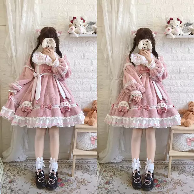 Super warm soft fleece soft milk kitty dress