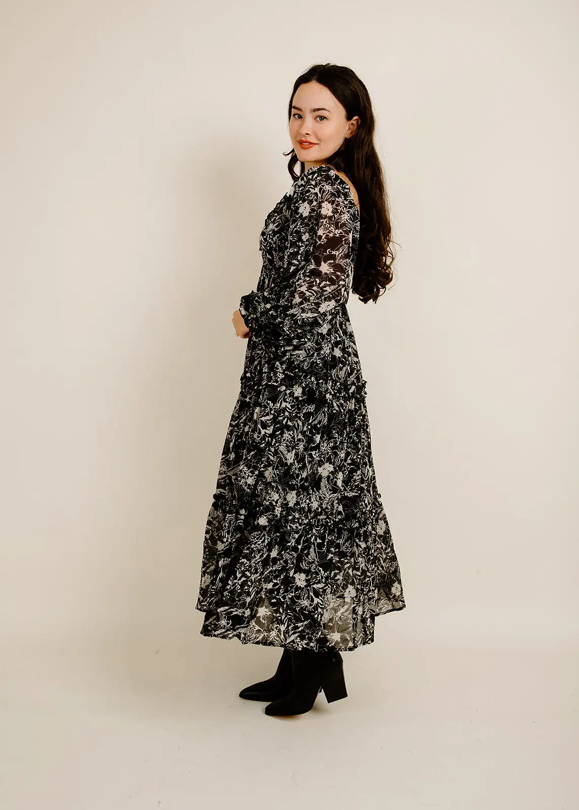 Tatiana Midi Dress - Black Floral