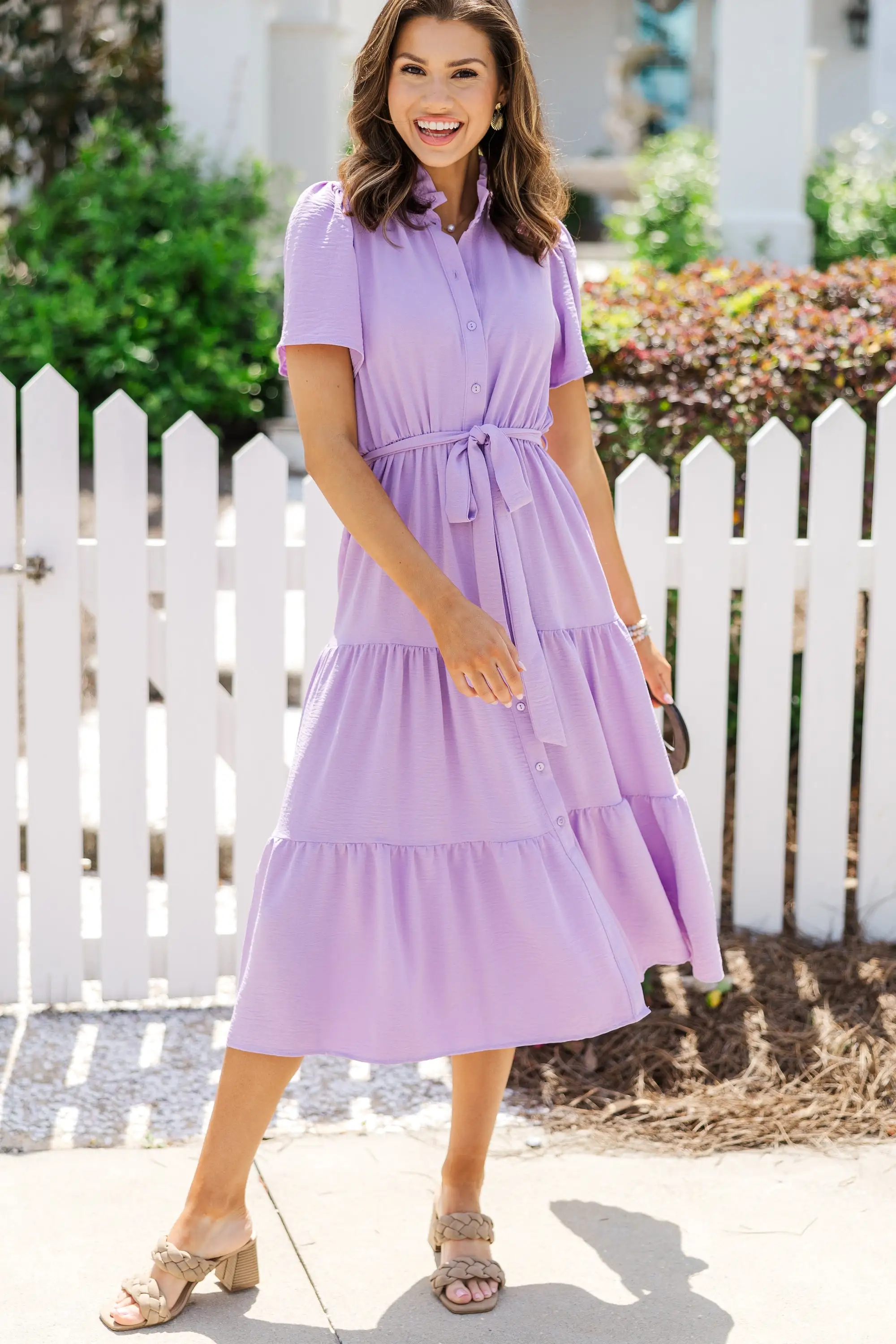 Tell It All Lavender Purple Button Down Midi Dress