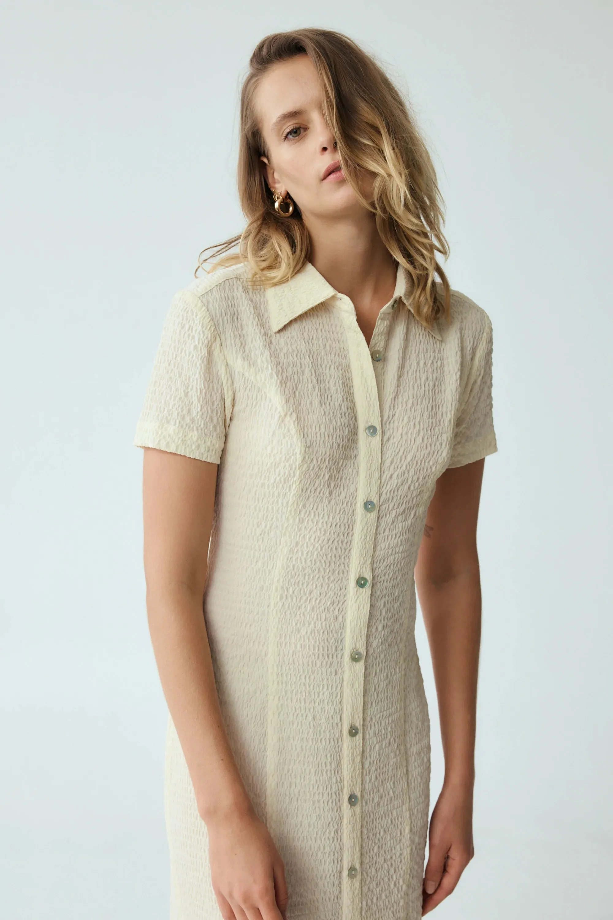 Third Form Waffle Midi Shirt Dress - Cream