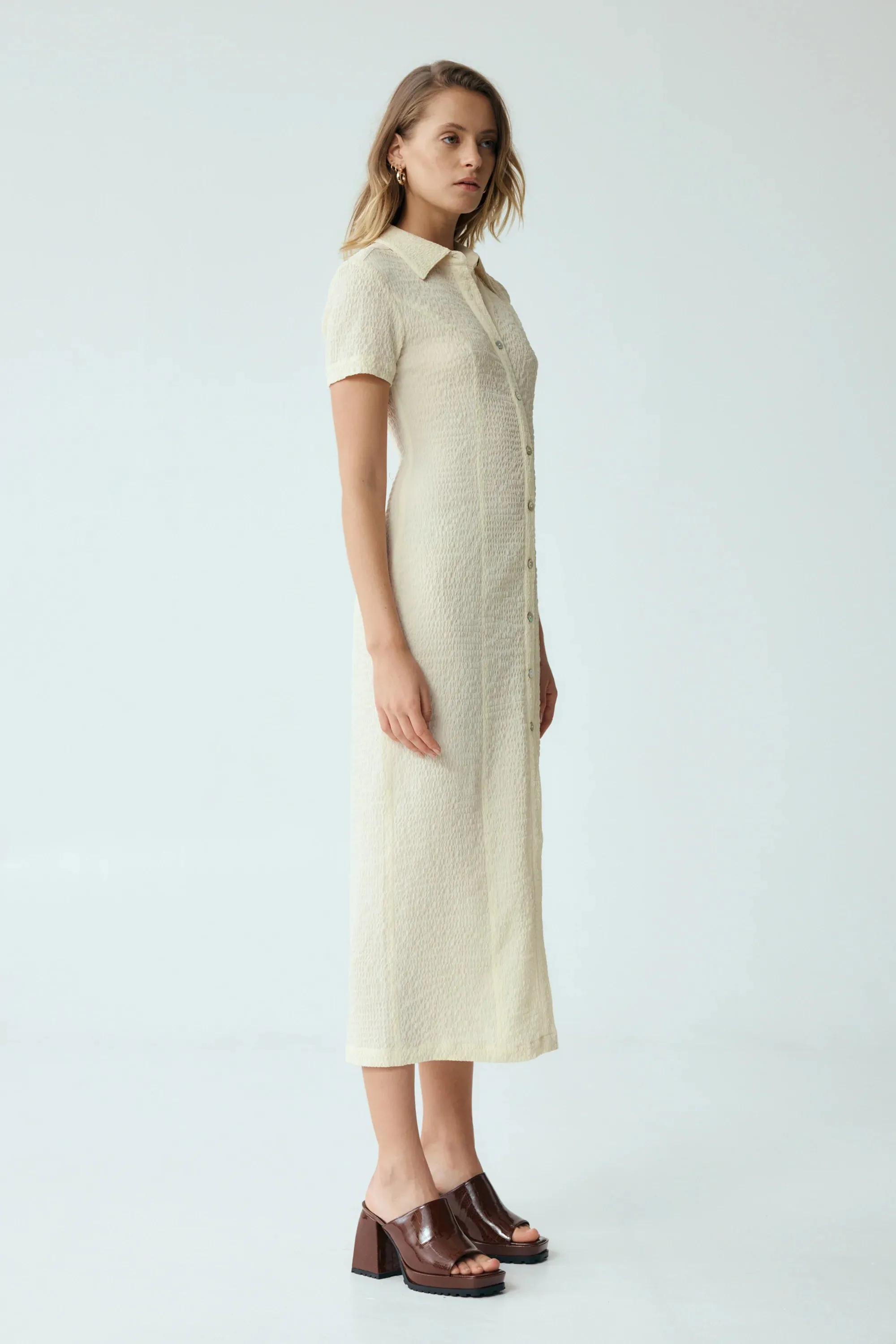 Third Form Waffle Midi Shirt Dress - Cream