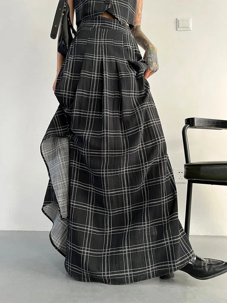 Tihee Plaid Long Skirt - Black and Gray