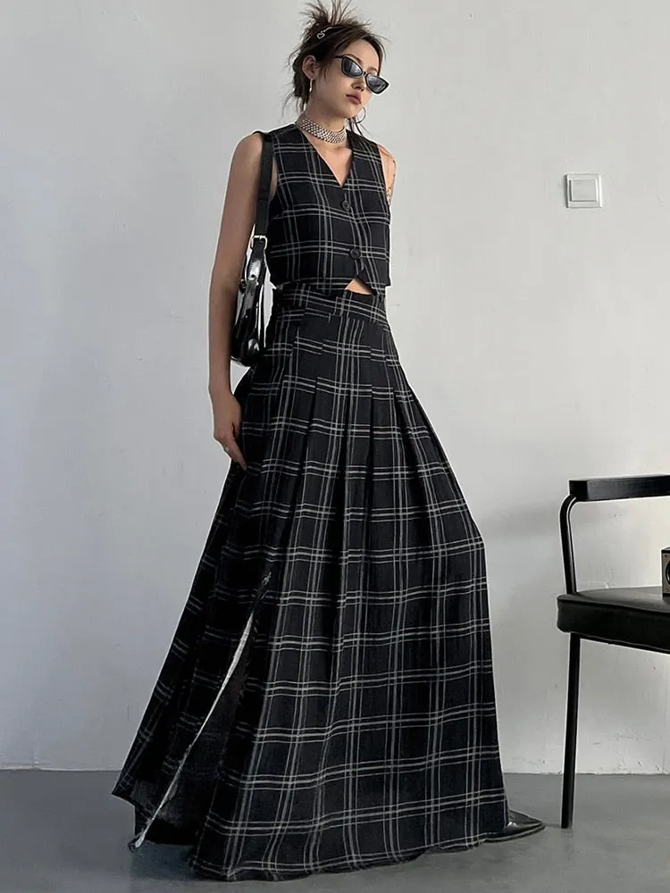 Tihee Plaid Long Skirt - Black and Gray