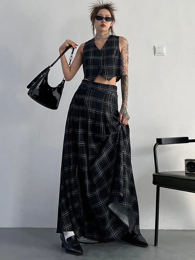 Tihee Plaid Long Skirt - Black and Gray