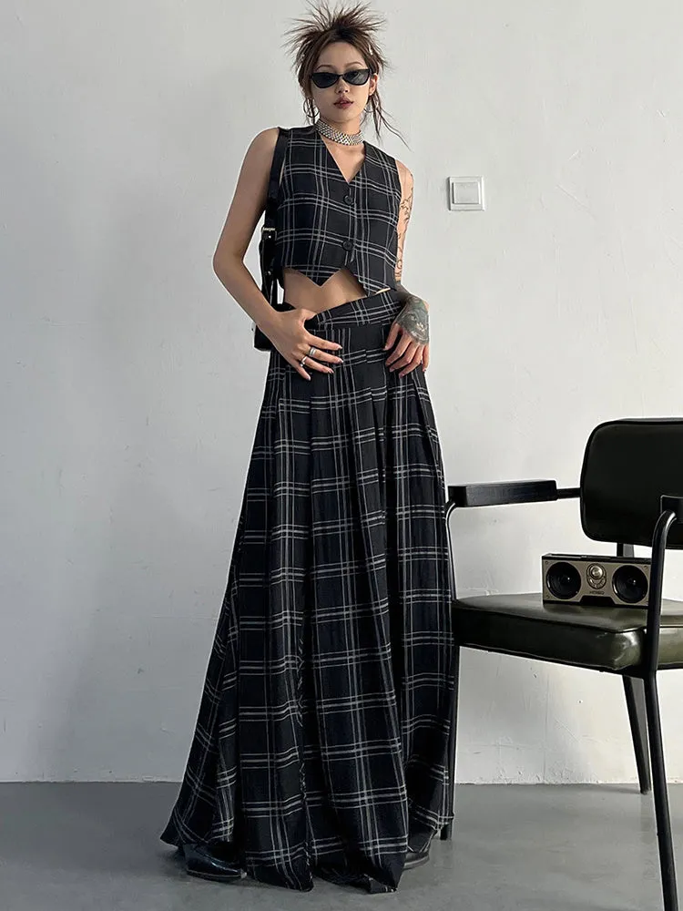 Tihee Plaid Long Skirt - Black and Gray