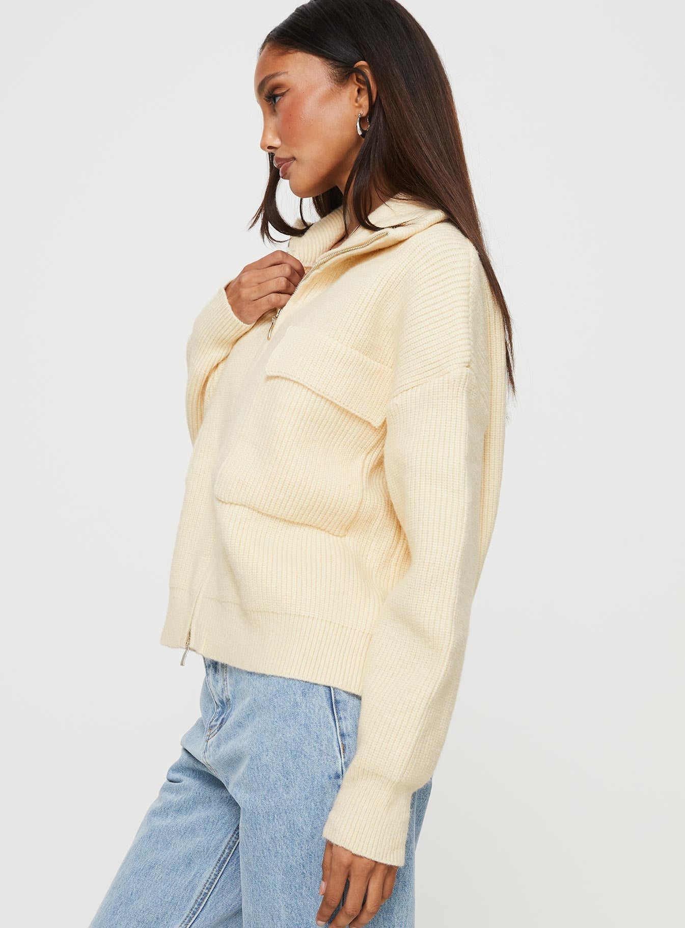 Too Busy Zip Up Sweater Beige