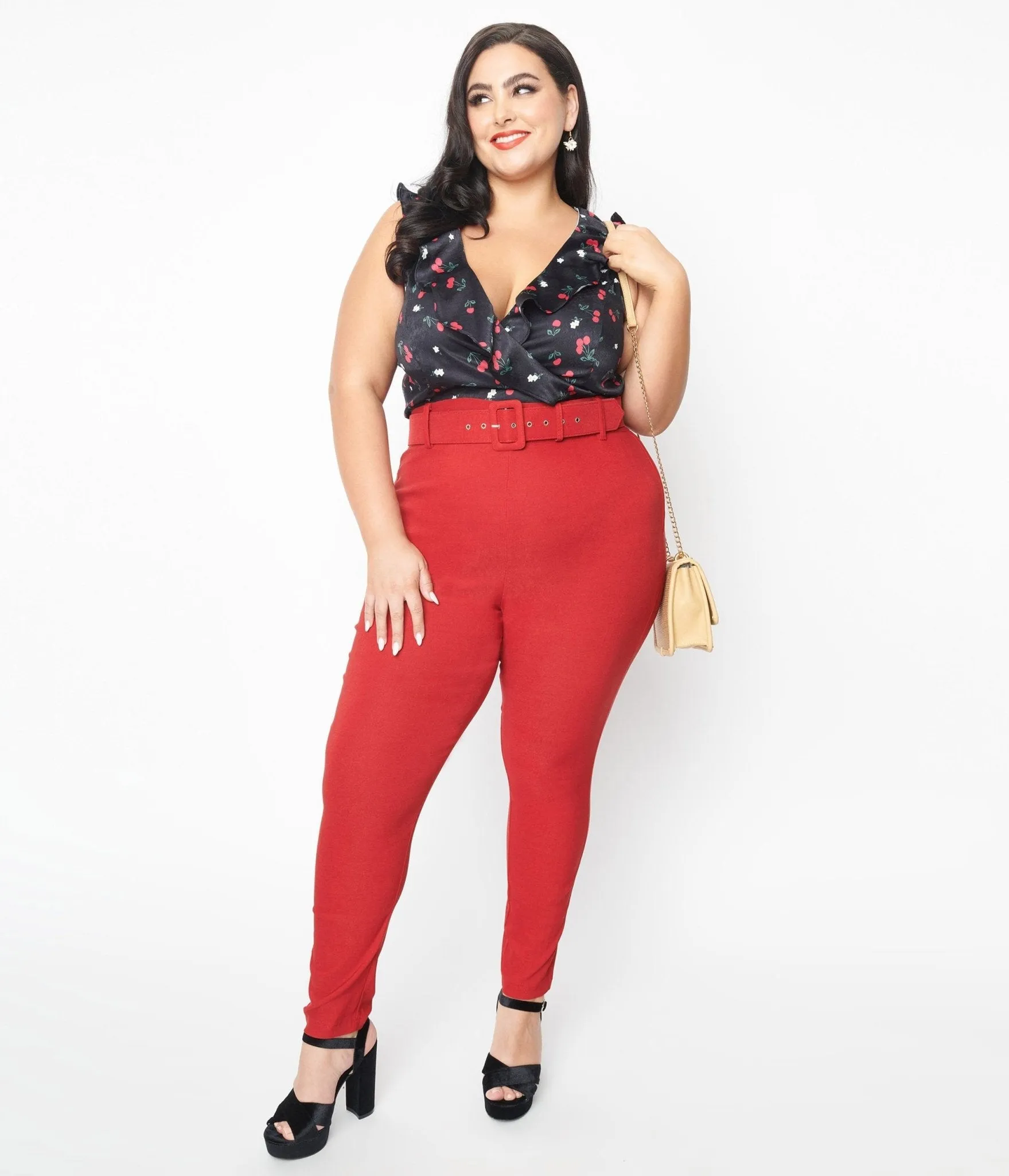 Unique Vintage Plus Size Red Belted Rizzo Pants