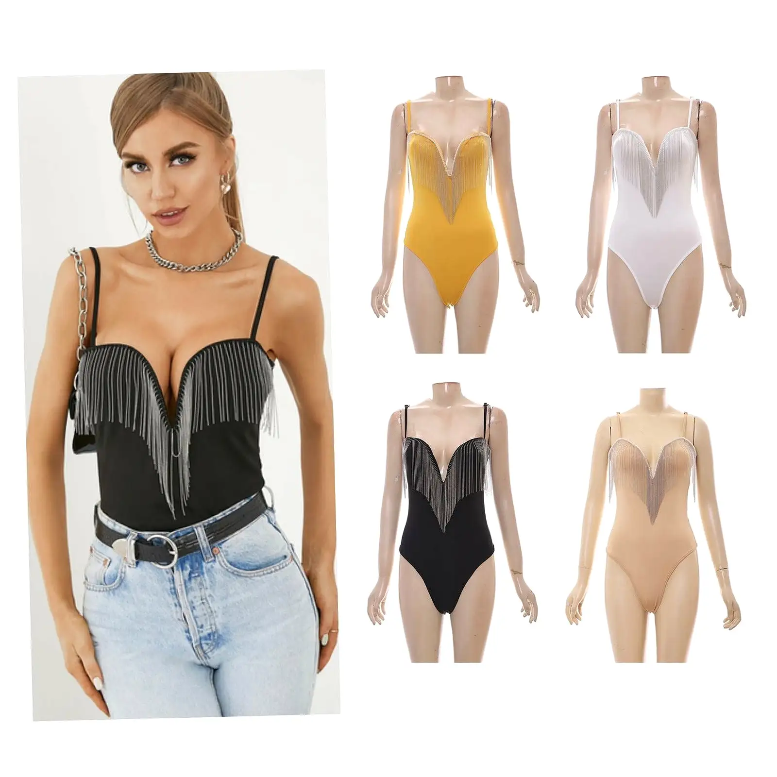 V-Neck Fringe Detailed Bodysuit