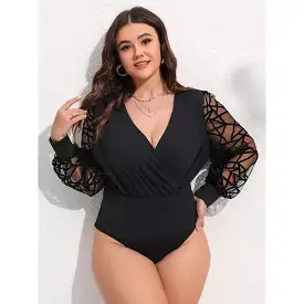 V-Neck Mesh Long Sleeve Bodysuit