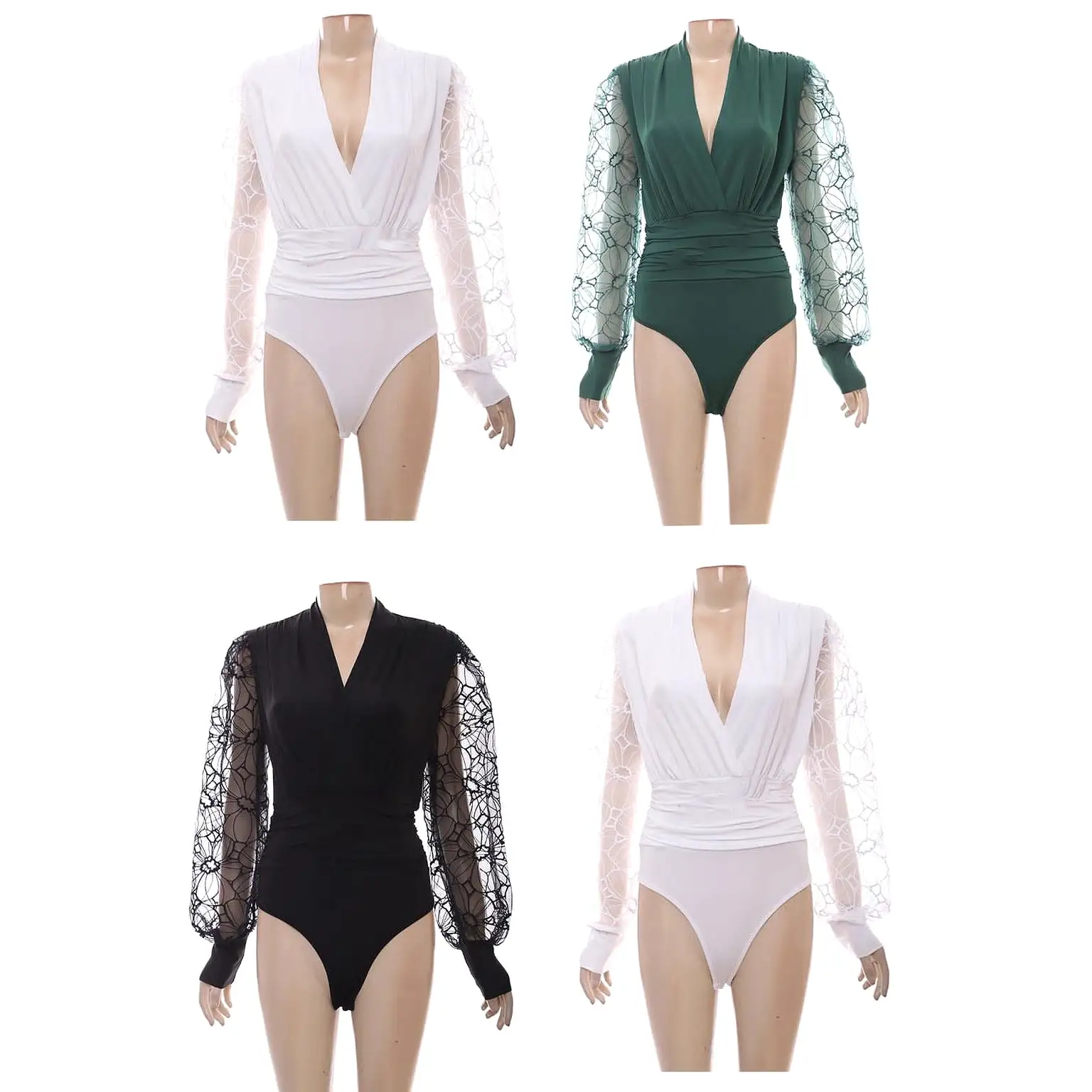 V-Neck Mesh Long Sleeve Bodysuit