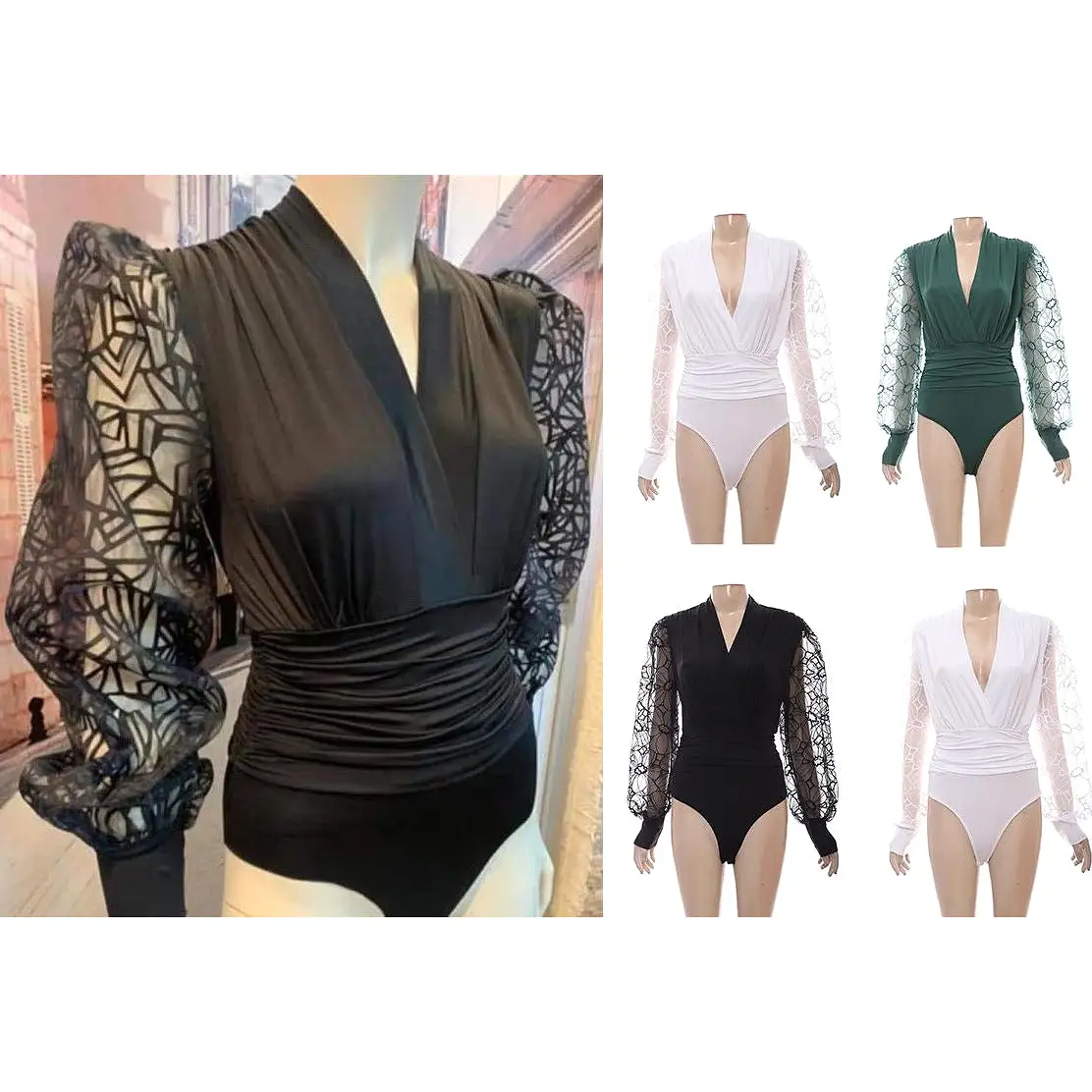 V-Neck Mesh Long Sleeve Bodysuit