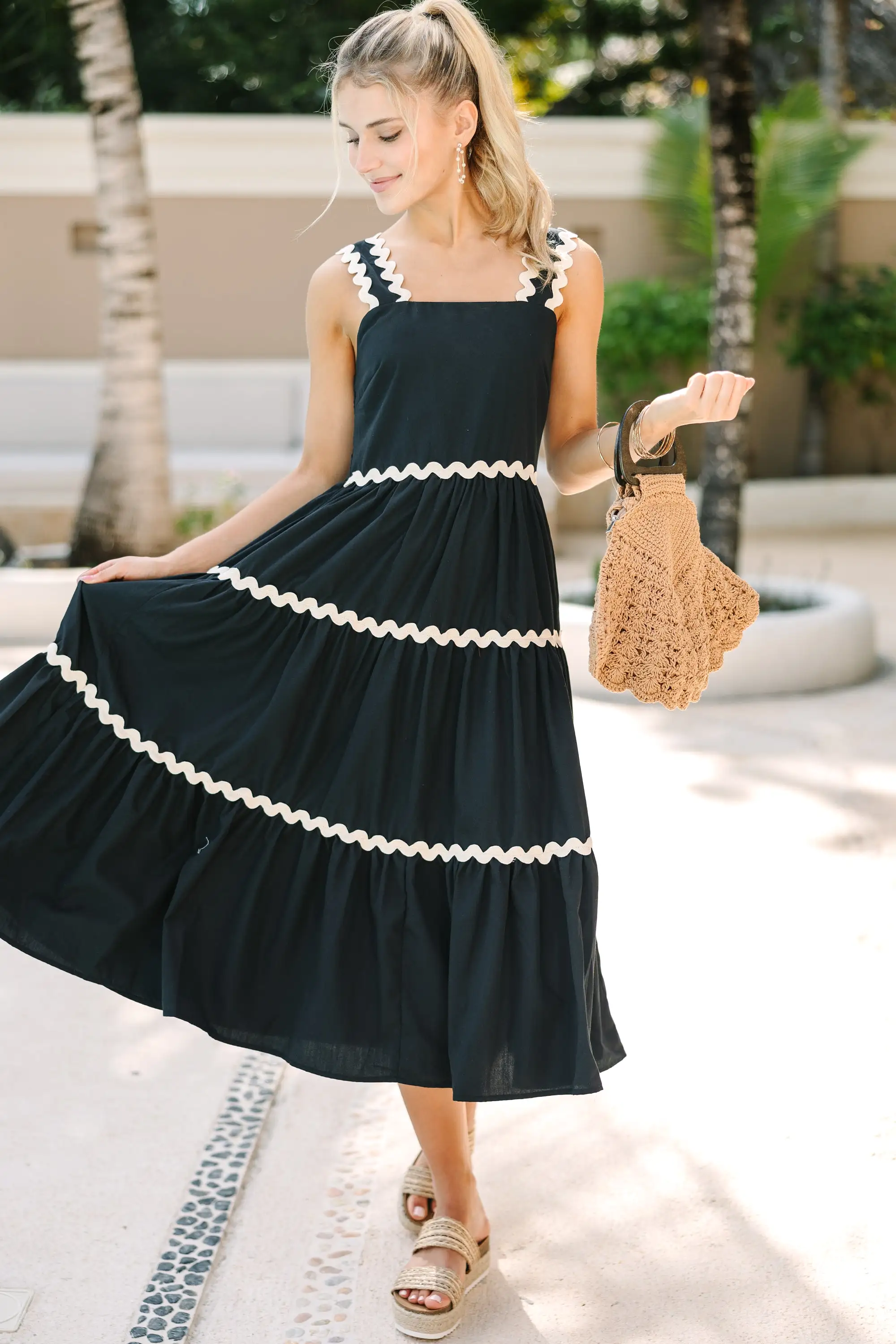 What You Know Black Rickrack Midi Dress