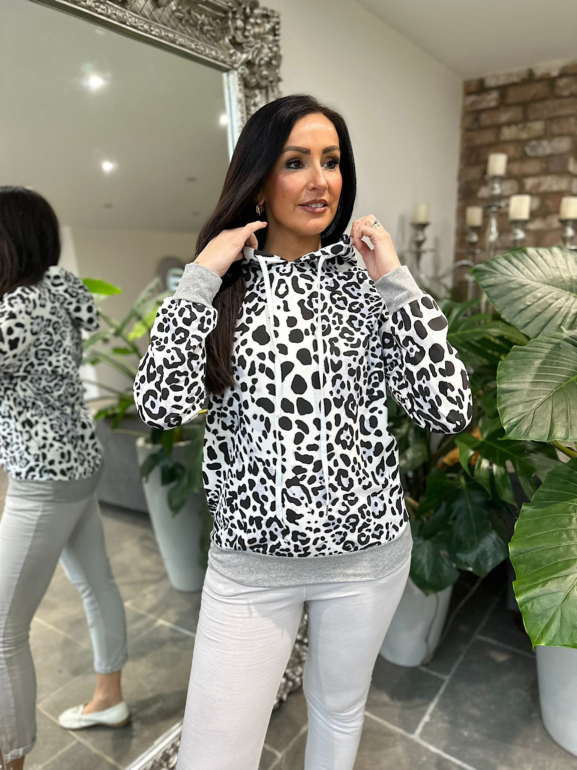 White Leopard Print Drawstring Hoodie India