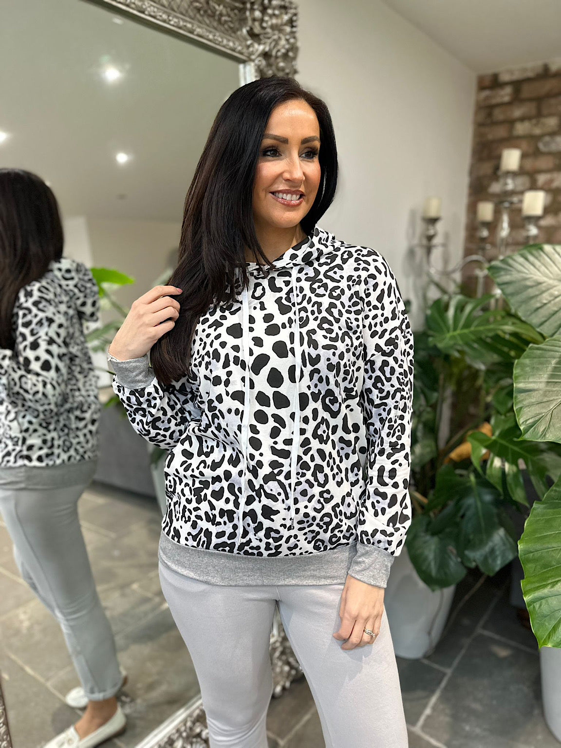 White Leopard Print Drawstring Hoodie India