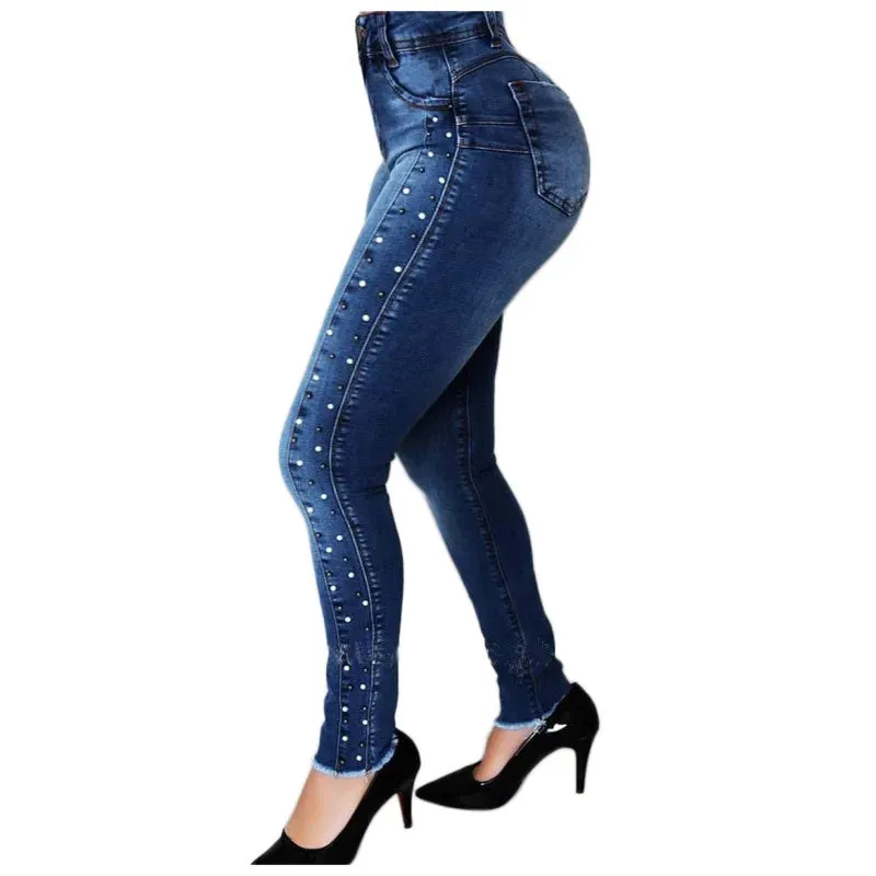 Women's Dark Blue Casual Style High Waist Beaded Pencil Pants