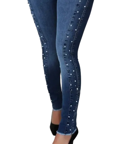 Women's Dark Blue Casual Style High Waist Beaded Pencil Pants