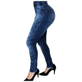 Women's Dark Blue Casual Style High Waist Beaded Pencil Pants