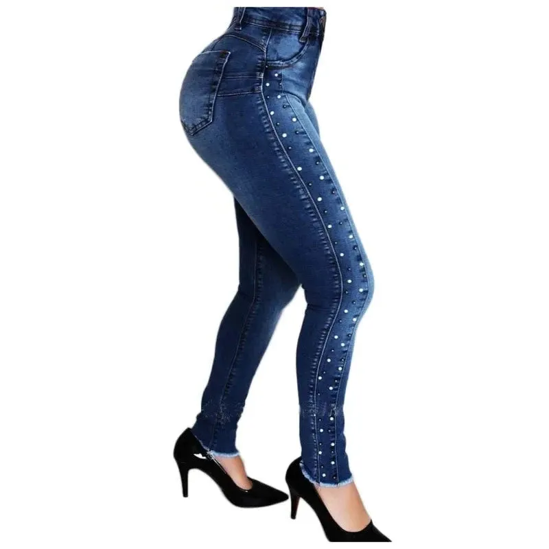 Women's Dark Blue Casual Style High Waist Beaded Pencil Pants