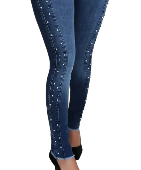 Women's Dark Blue Casual Style High Waist Beaded Pencil Pants