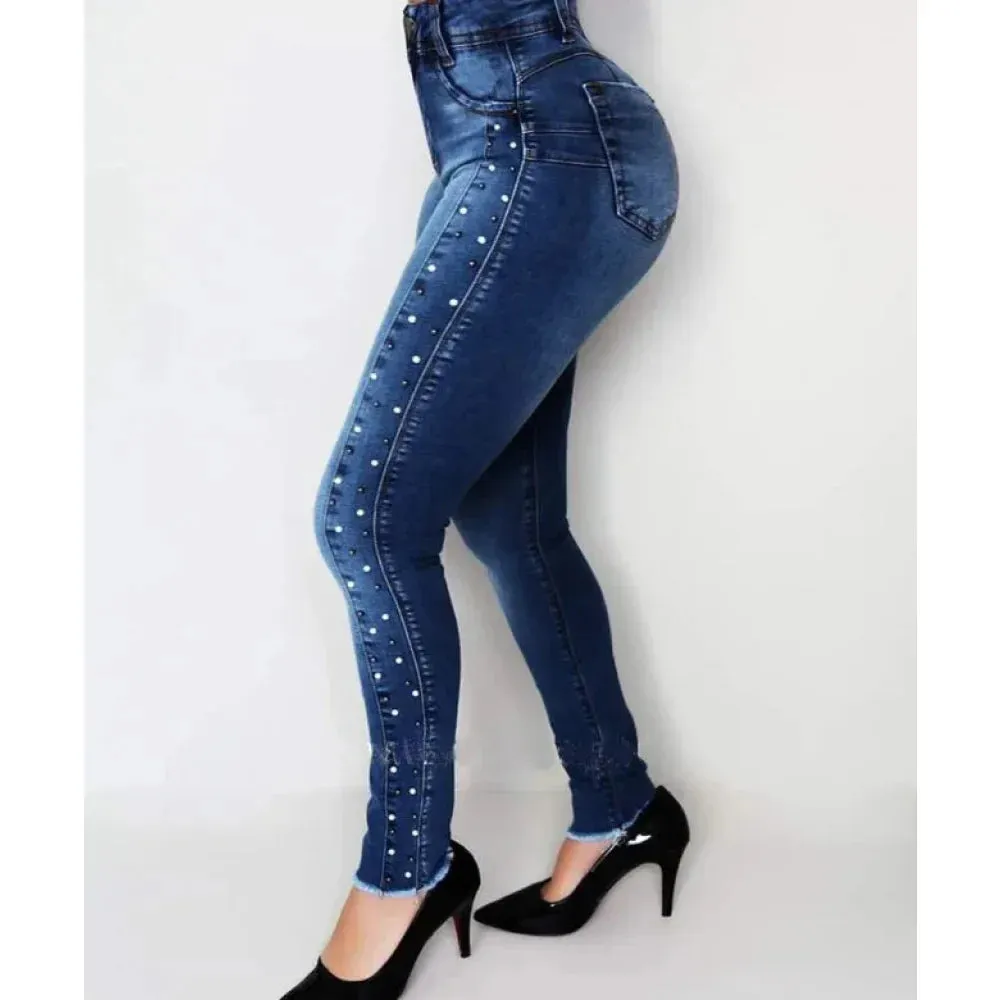 Women's Dark Blue Casual Style High Waist Beaded Pencil Pants