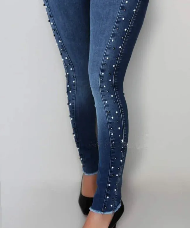 Women's Dark Blue Casual Style High Waist Beaded Pencil Pants