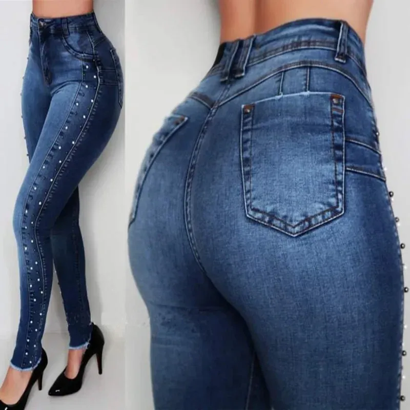 Women's Dark Blue Casual Style High Waist Beaded Pencil Pants