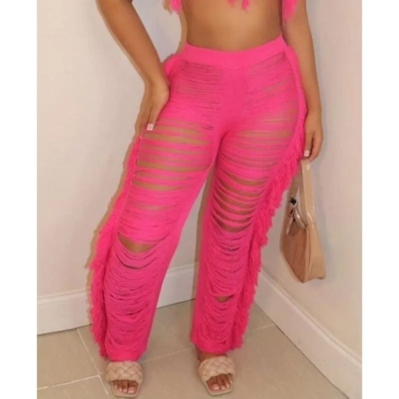 Women's Tassel Chic Y2k Hollow Out Ripped Straight Wide Leg Pants