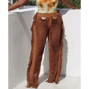 Women's Tassel Chic Y2k Hollow Out Ripped Straight Wide Leg Pants