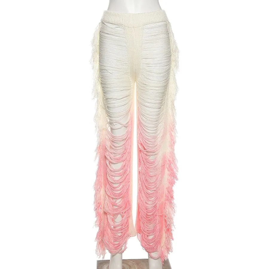 Women's Tassel Chic Y2k Hollow Out Ripped Straight Wide Leg Pants