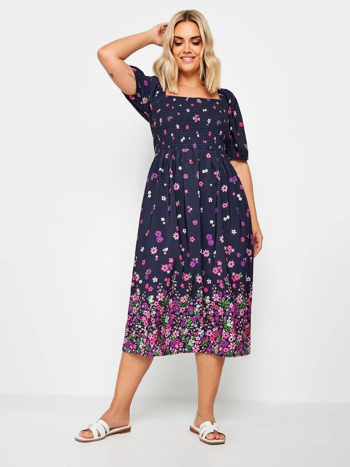 Yours Shirred Square Neck Floral Dress