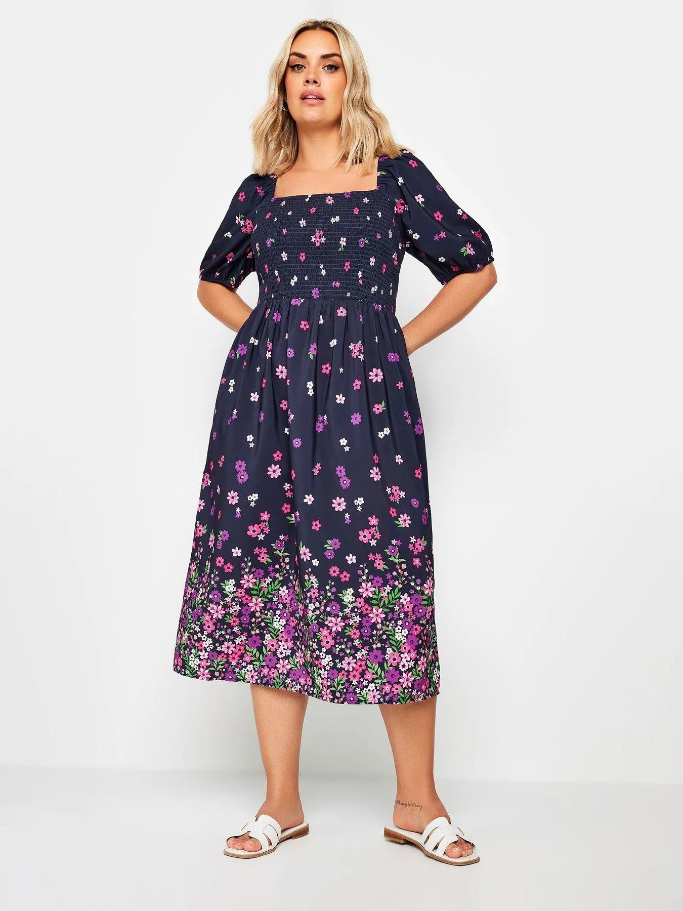 Yours Shirred Square Neck Floral Dress